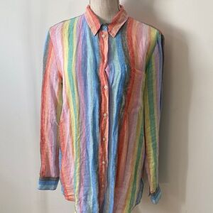Women’s Multicolor 100% linen bright Striped button down Shirt small